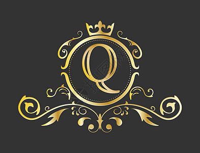拉丁字母表的金色程式化字母 Q 带有装饰品和皇冠的会标模板 用于设计 ials 名片徽标标志和 heraldr图片