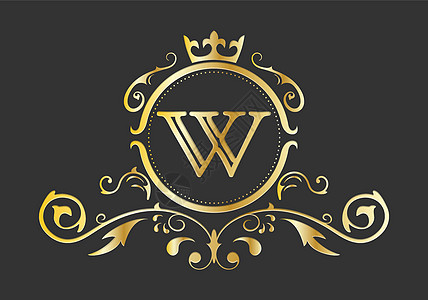 拉丁字母表的金色程式化字母 W 带有装饰品和皇冠的会标模板 用于设计 ials 名片徽标标志和 heraldr图片