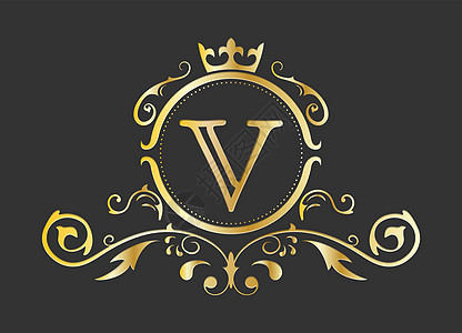 拉丁字母表的金色程式化字母 V 带有装饰品和皇冠的会标模板 用于设计 ials 名片徽标标志和 heraldr图片