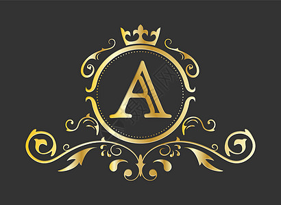 拉丁字母表的金色程式化字母 A 带有装饰品和皇冠的会标模板 用于设计 ials 名片徽标标志和 heraldr图片