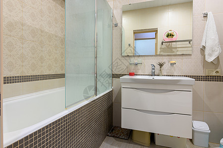 厕所内部 浴室用玻璃隔板与洗手盆隔开 (此处)背景图片