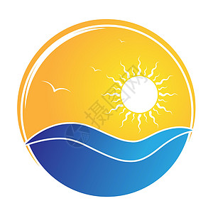 海浪和海鸥 和创意设计的矢量插图草图海洋蓝色标识绘画品牌海滩横幅旅游日落图片
