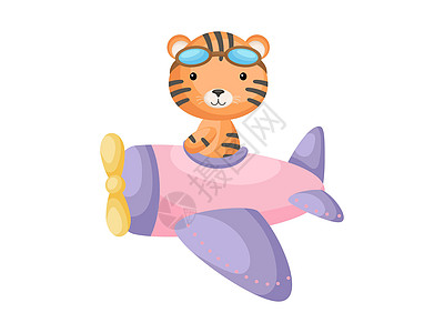 小老虎戴着飞行员护目镜驾驶飞机 有趣的婴儿角色在飞机上飞行贺卡婴儿淋浴生日邀请室内 孤立的卡通矢量它制作图案图片