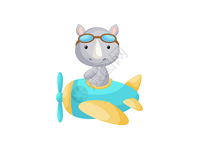 小犀牛戴着飞行员护目镜驾驶飞机 有趣的婴儿角色在飞机上飞行贺卡婴儿淋浴生日邀请室内 孤立的卡通矢量它制作图案图片