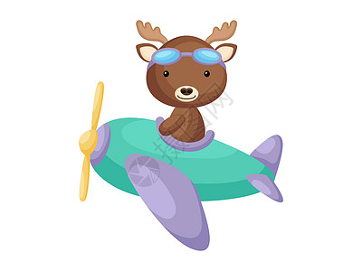 小驼鹿戴着飞行员护目镜驾驶飞机 有趣的婴儿角色在飞机上飞行贺卡婴儿淋浴生日邀请室内 孤立的卡通矢量它制作图案图片