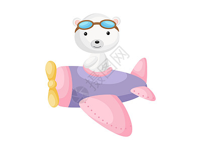 小北极熊戴着飞行员护目镜驾驶飞机 有趣的婴儿角色在飞机上飞行贺卡婴儿淋浴生日邀请室内 孤立的向量它制作图案图片