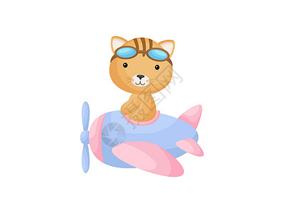 小猫戴着飞行员护目镜驾驶飞机 有趣的婴儿角色在飞机上飞行贺卡婴儿淋浴生日邀请室内 孤立的卡通矢量它制作图案图片