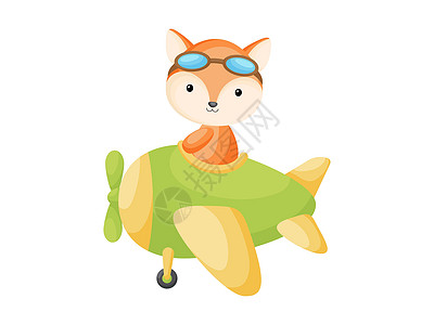 小狐狸戴着飞行员护目镜驾驶飞机 有趣的婴儿角色在飞机上飞行贺卡婴儿淋浴生日邀请室内 孤立的卡通矢量它制作图案图片