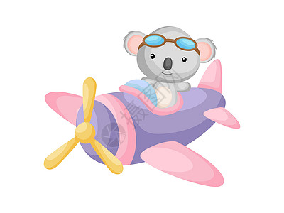 小考拉戴着飞行员护目镜驾驶飞机 有趣的婴儿角色在飞机上飞行贺卡婴儿淋浴生日邀请室内 孤立的卡通矢量它制作图案图片