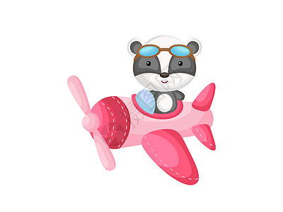 小獾戴着飞行员护目镜驾驶飞机 有趣的婴儿角色在飞机上飞行贺卡婴儿淋浴生日邀请室内 孤立的卡通矢量它制作图案图片