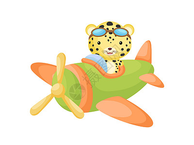 小美洲虎戴着飞行员护目镜驾驶飞机 有趣的婴儿角色在飞机上飞行贺卡婴儿淋浴生日邀请室内 孤立的卡通矢量它制作图案航空庆典孩子卡通片图片