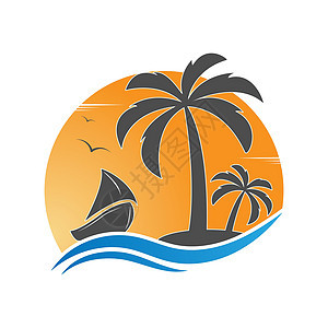 帆船和一个岛屿 在太阳的背景下有棕榈树 和创意设计的矢量插图图片
