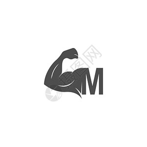 带有肌肉臂设计 vecto 的字母 M 标志图标二头肌健身房刻字重量杠铃商业哑铃字体男人数字图片