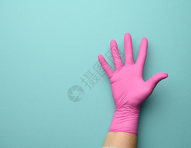 女性用粉红色的乳胶手套 在蓝色背景上 棕榈开着图片