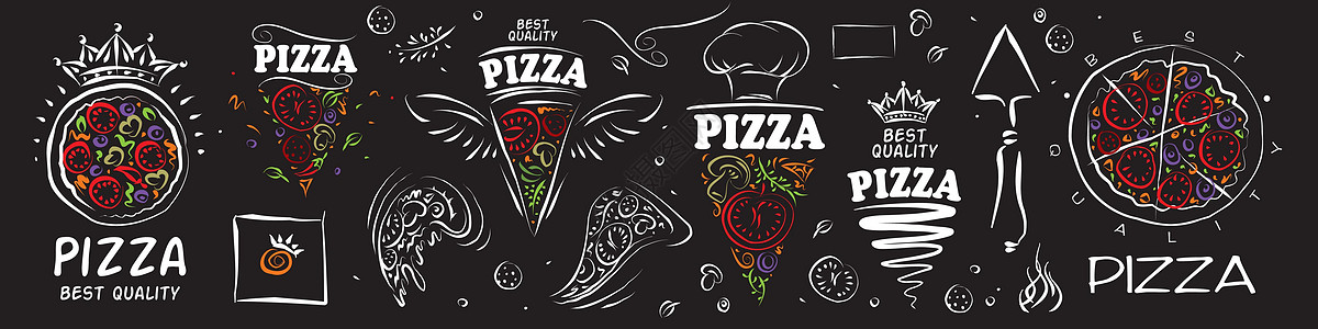 一套黑色背景的矢量比萨披萨标志图片