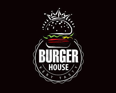 黑色背景的手工绘制矢量汉堡标志午餐炙烤牛肉标签小吃餐厅菜单咖啡店标识食物图片
