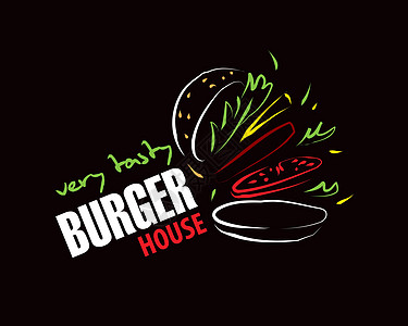 黑色背景的手工绘制矢量汉堡标志草图小吃标签涂鸦徽章咖啡店食物炙烤芝士牛肉图片