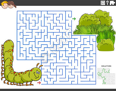带卡通毛毛虫和草甸的迷宫教育游戏图片