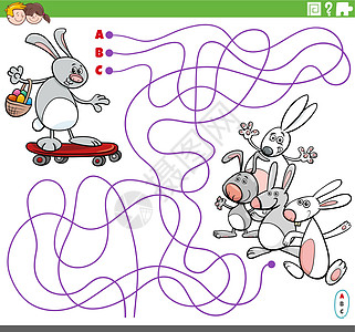卡通复活节兔子在滑板上的教育迷宫游戏图片