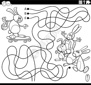 迷宫与卡通复活节兔子在滑板上着色书 pag图片