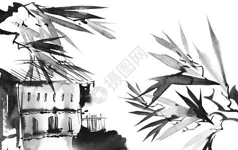 旧建筑和树叶废墟插图叶子手绘国家墨水艺术文化刷子房子图片