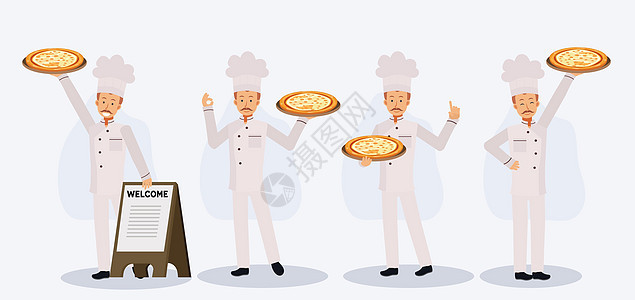 一组身穿厨师制服 头戴厨师帽 拿着比萨饼的男子靠近欢迎木牌 平面矢量卡通人物插画图片