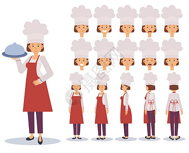 具有各种视图的女厨师平面矢量字符创建集卡通风格平面矢量插图 情感 视图动画角色图片