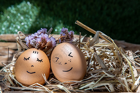 两个快乐的蛋都躺在干草上笑脸幸福鸡蛋极简友谊居住农场礼物乐趣稻草图片