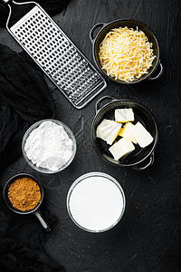 白贝查梅酱成分 黑石背景 顶视角 平面白色黑色牛奶食谱面条白汁黄油图片