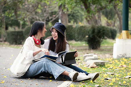 两个快乐的学生坐在公园的一个校园里聊天 坐在一起交谈 笑声微笑笔记本家庭作业女性朋友们幸福团体女士教育青少年图片