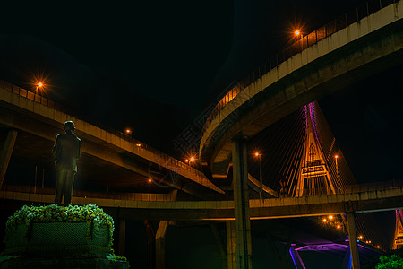 大王布密博大桥在黄昏下 泰国曼谷建筑城市电缆密蓬地标景观灯光首都曲线图片
