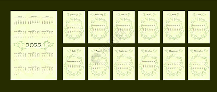2022 年日历采用精致的自然时尚风格 装饰有植物手绘树枝叶 一组 12 个独立的月份 垂直格式 淡淡的绿色 一周从星期日开始图片