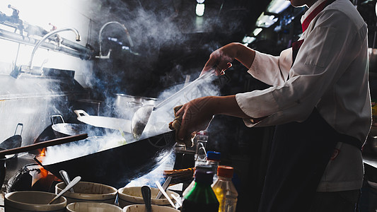 厨师做炒饭火炉火焰平底锅食物商业烤箱美食酒店气体运动图片