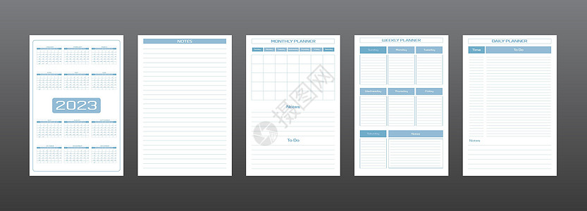 2023 日历每日每周每月个人计划日记模板采用严格的极简都市风格灰蓝色 个人时间表 星期从星期日开始图片