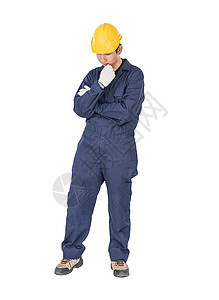 穿蓝色覆盖布的工人和穿着制服 有剪切路径的硬帽衣服工业安全白色工厂男人领班服务工具帽子图片