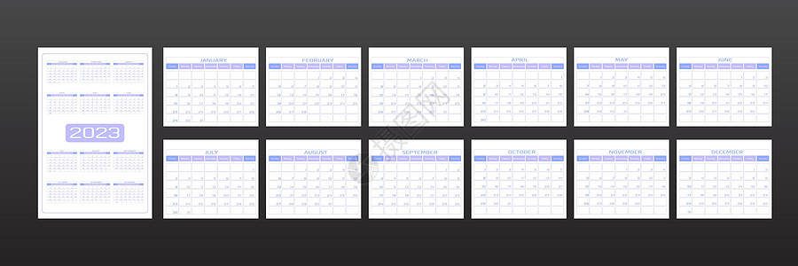 2023 年日历采用简约的都市时尚风格 一套 12 个月模板每日计划者每天的待办事项列表 圆形流线型精致淡淡的薰衣草紫色 一周从背景图片