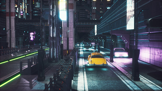夜间未来派火车站和高速公路与过往汽车的视图 未来城市的视图  3D 渲染全息火车速度建筑建筑物创新网络电子人夜生活飞行图片