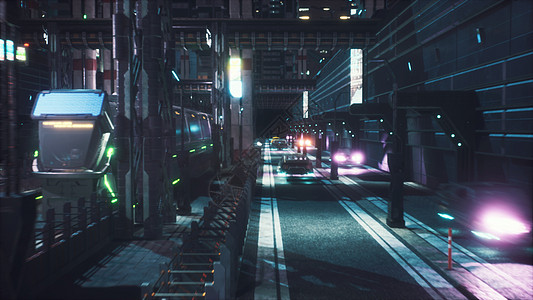 夜间未来派火车站和高速公路与过往汽车的视图 未来城市的视图  3D 渲染辉光世界网络火车创新建筑物虚拟现实矩阵建筑街道图片