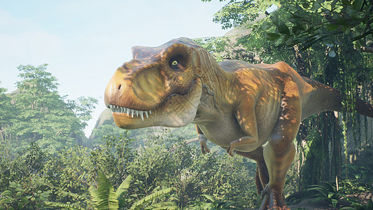 霸王龙恐龙在绿色的史前丛林中慢慢爬上它的猎物 在阳光明媚的早晨欣赏绿色的史前丛林 3D 渲染野生动物生态力量生物历史植物食肉捕食图片