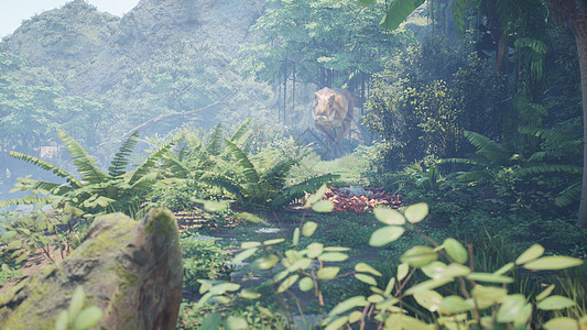 霸王龙恐龙在绿色的史前丛林中慢慢爬上它的猎物 在阳光明媚的早晨欣赏绿色的史前丛林 3D 渲染植物情感侏罗纪野生动物食肉力量生态环图片