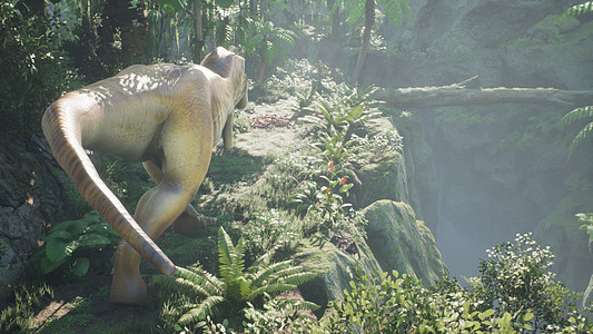 霸王龙恐龙在绿色的史前丛林中慢慢爬上它的猎物 在阳光明媚的早晨欣赏绿色的史前丛林 3D 渲染情感植物捕食者热带荒野危险怪物丛林攻图片