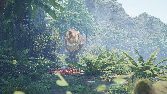 霸王龙恐龙在绿色的史前丛林中慢慢爬上它的猎物 在阳光明媚的早晨欣赏绿色的史前丛林 3D 渲染热带攻击丛林荒野灭绝恐慌侏罗纪古生物背景图片
