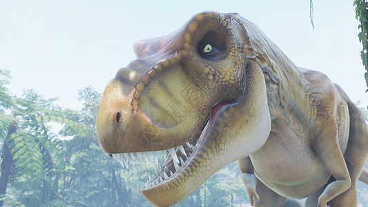 霸王龙恐龙在绿色的史前丛林中慢慢爬上它的猎物 在阳光明媚的早晨欣赏绿色的史前丛林 3D 渲染怪物情感生物捕食者荒野危险森林植物热图片