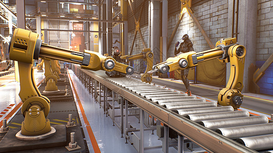自动化机器人装配线 机器人技术在工厂的机器人零件生产线上工作 技术和自动化 3D 渲染车辆焊机运输手术机器制造业控制火花制造商金图片