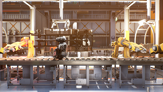 自动化机器人装配线 机器人技术在工厂的机器人零件生产线上工作 技术和自动化 3D 渲染植物机器焊机框架制造业输送带机械机械手制造图片