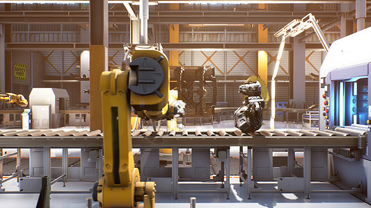 自动化机器人装配线 机器人技术在工厂的机器人零件生产线上工作 技术和自动化 3D 渲染运输框架手臂安全手术企业机械汽车制造商机械图片