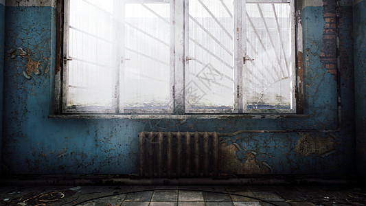 一座废弃医院的走廊 地面上有废墟和灰尘 看到一所被遗弃的末日化房屋 3DRendering图片