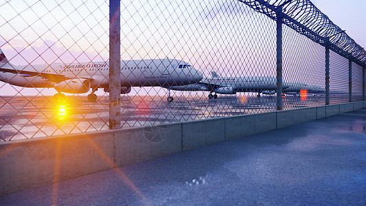 机场的商用飞机正在等待起飞 3D发货机涡轮空气日出日落旅行航空港口飞机场速度客机图片