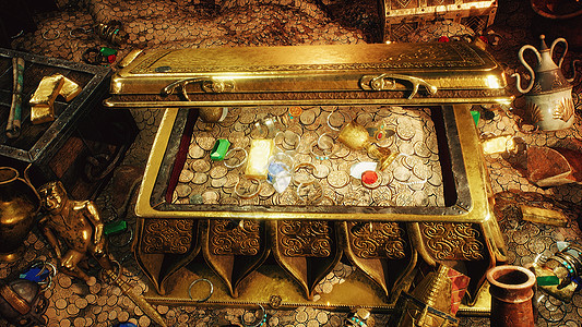 在黑暗洞穴中盗取宝藏 旧硬币 钻石和黄金宝藏 许多由金雕像 宝石 手镯和箱子制成的珠宝 3D 渲染金属国王沉船金条金子木头城堡树图片