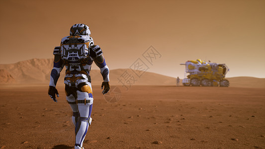 宇航员在沙尘暴中从火星表面走到漫游者 火星表面的全景景观  3D渲染地区气氛技术地貌沙漠天线天文学轨道太阳系立交桥图片